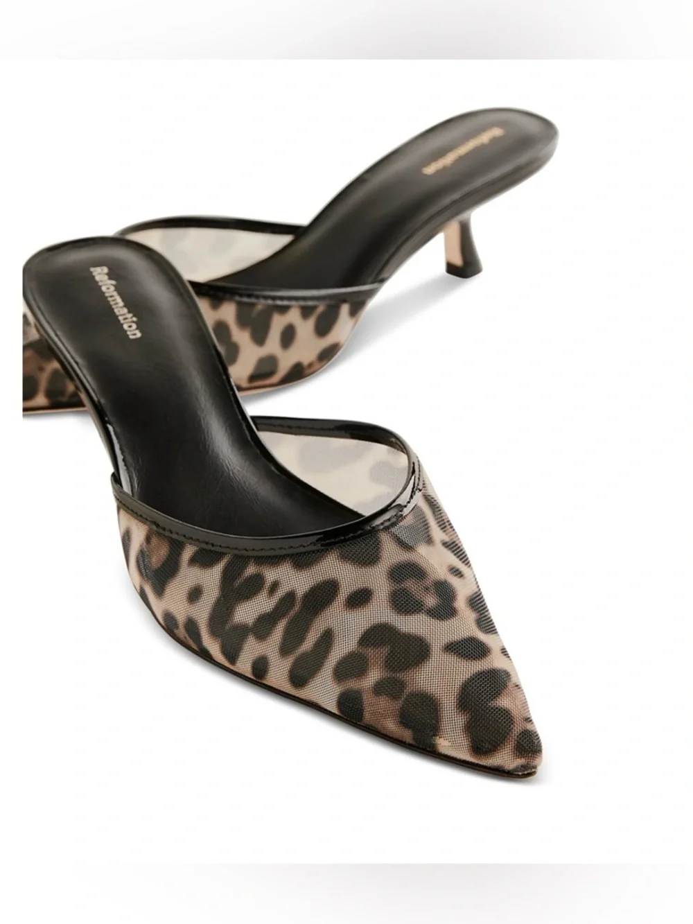 Reformation Wilda Kitten Heel Mules in a leopard print mesh fabric NWT - Picture 5 of 14
